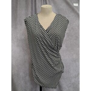 Ann Taylor Women Black White Geometric Surplice V-Neck Sleeveless Blouse Size M